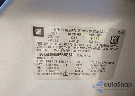 2015 GMC Terrain Sle-2 z USA, uszkodzony, nr VIN 2GKALREK6F6368360